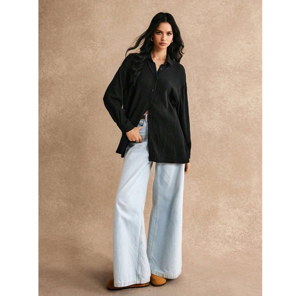 Cotton Black Casual Shirt Button Down Up Long Sleeve - Picture 4 of 12